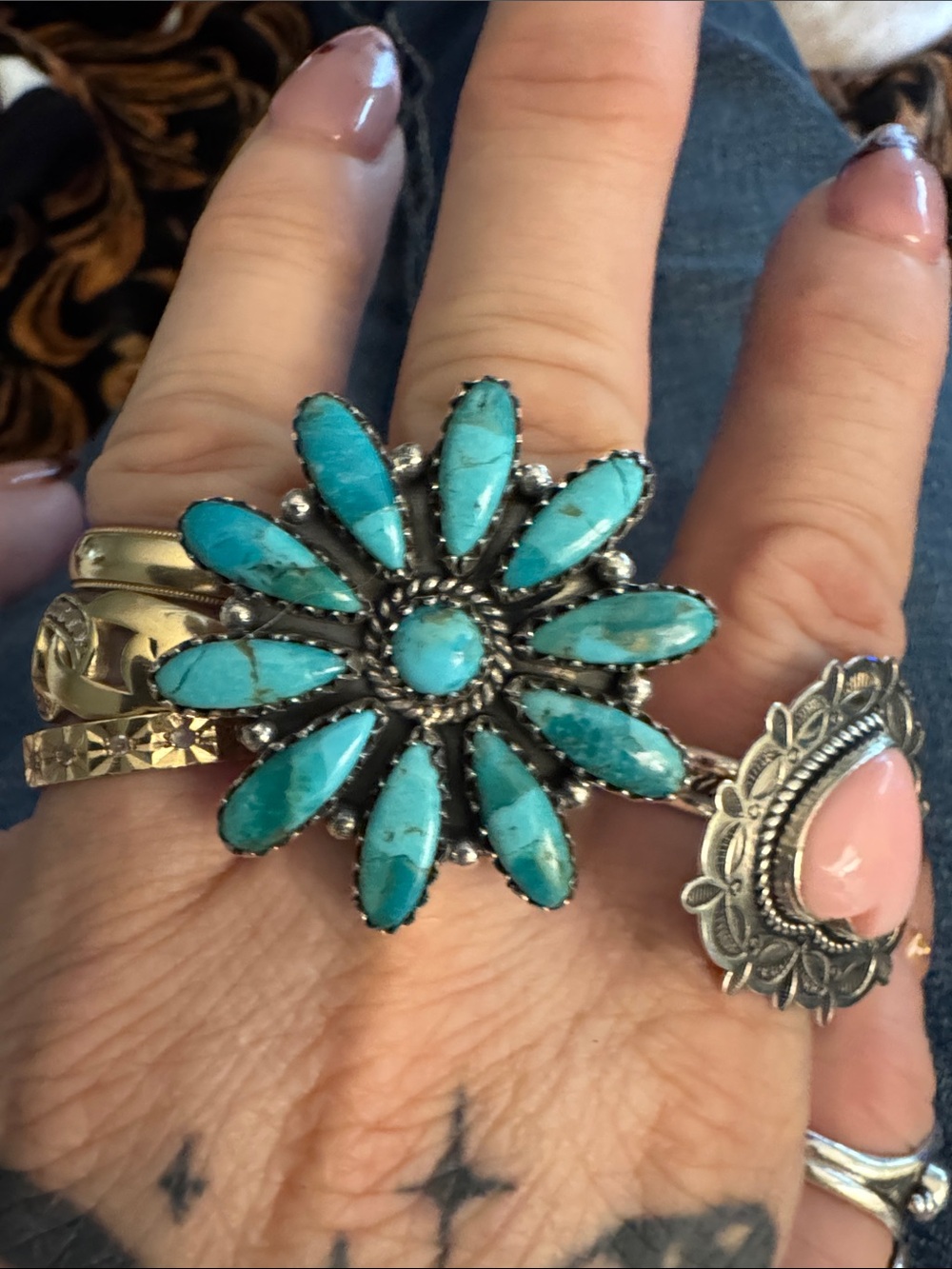 Navaho Turquoise Flower Statement Ring - 925 Silver